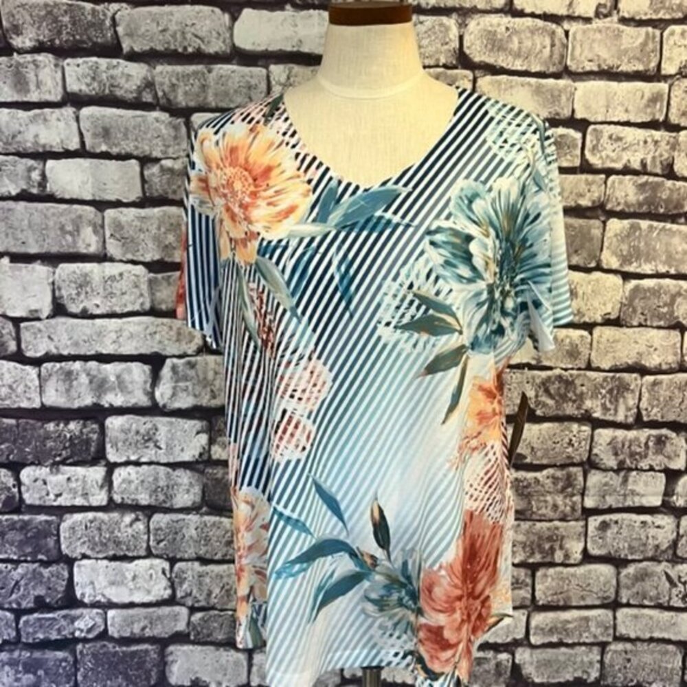Chico's NWT Aqua, White & Orange Short Sleeve Top Size XL